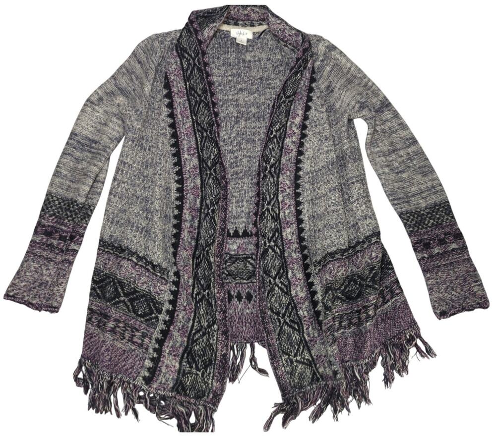 Style & Co Cardigan Sweater S Purple Gray Tribal Fringe Open Front Knit Women’s